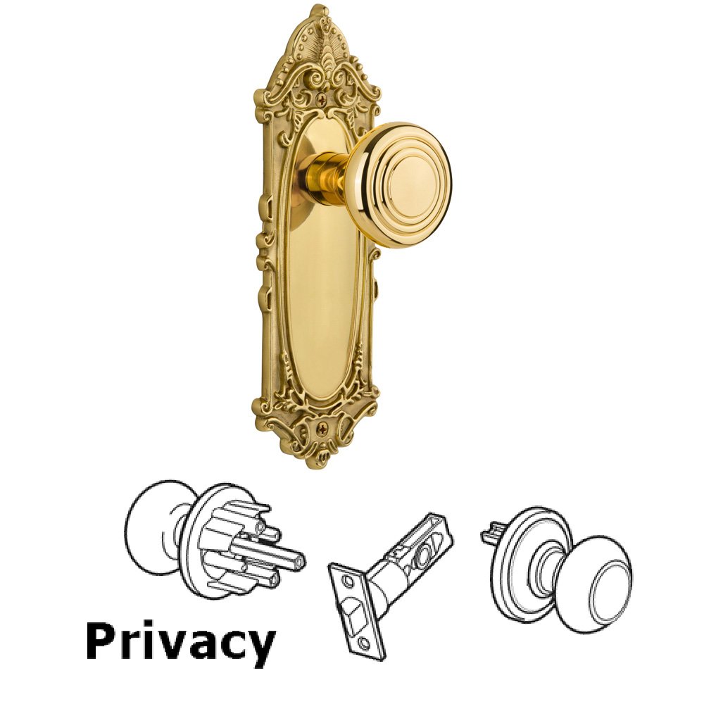 Complete Privacy Set Without Keyhole - Victorian Plate with Deco Knob in Polished Brass