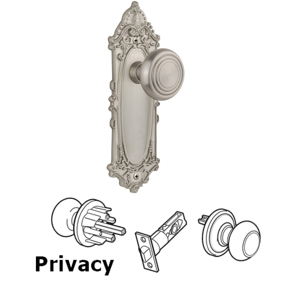 Complete Privacy Set Without Keyhole - Victorian Plate with Deco Knob in Satin Nickel