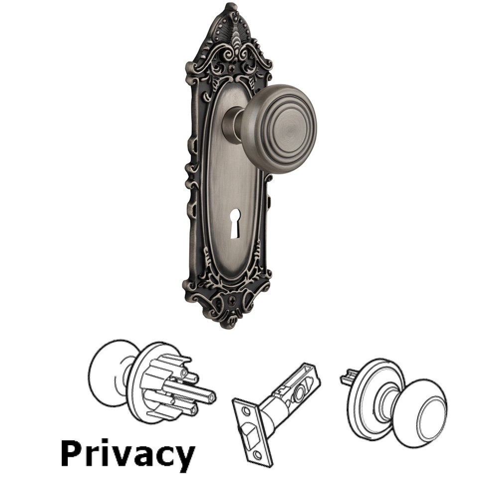 Complete Privacy Set With Keyhole - Victorian Plate with Deco Knob in Antique Pewter
