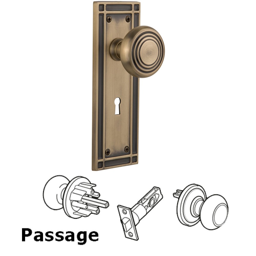 Complete Passage Set With Keyhole - Mission Plate with Deco Knob in Antique Brass