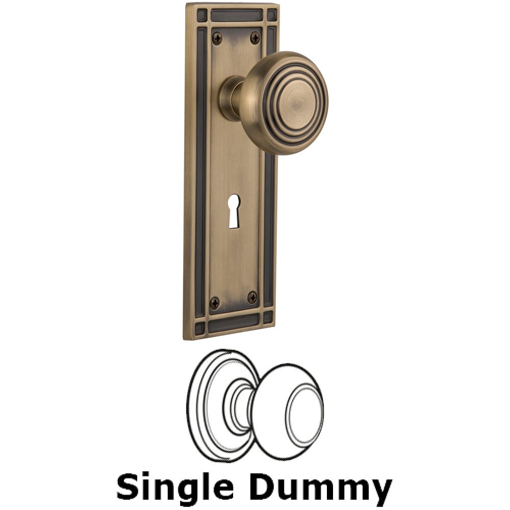 Single Dummy Knob With Keyhole - Mission Plate with Deco Knob in Antique Brass