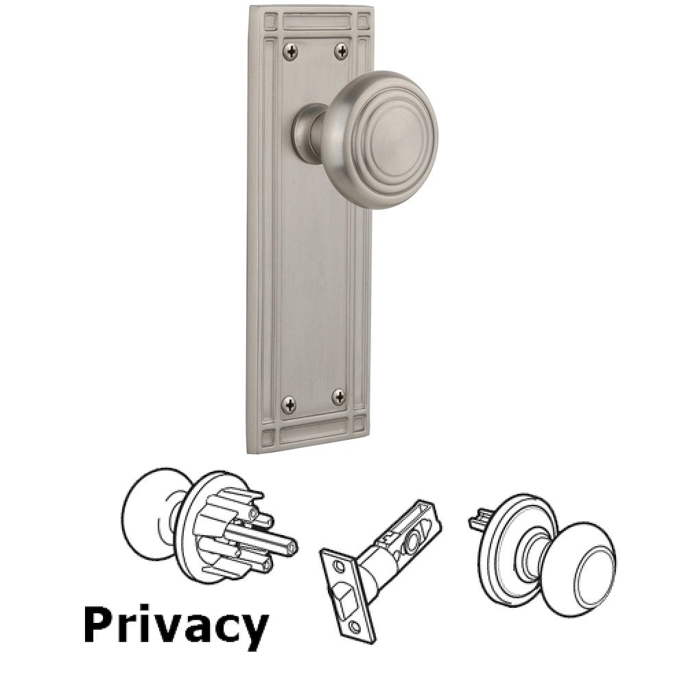 Complete Privacy Set Without Keyhole - Mission Plate with Deco Knob in Satin Nickel