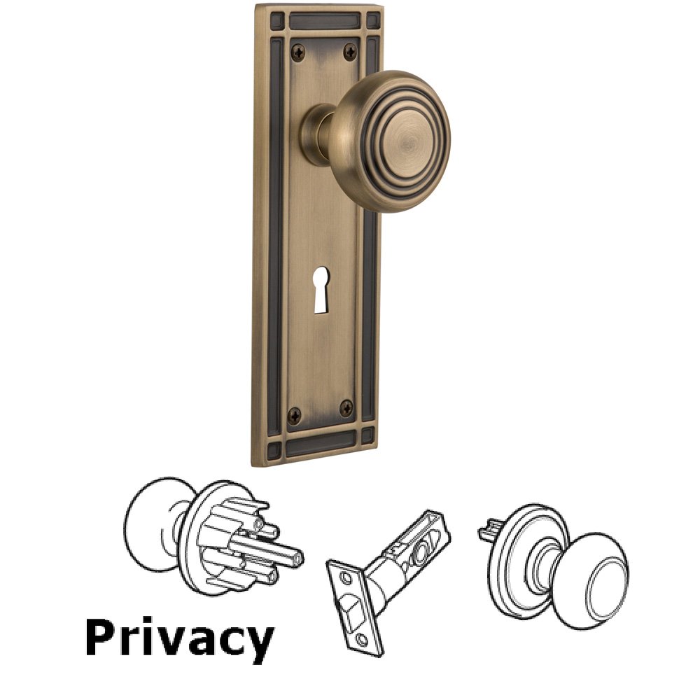 Complete Privacy Set With Keyhole - Mission Plate with Deco Knob in Antique Brass