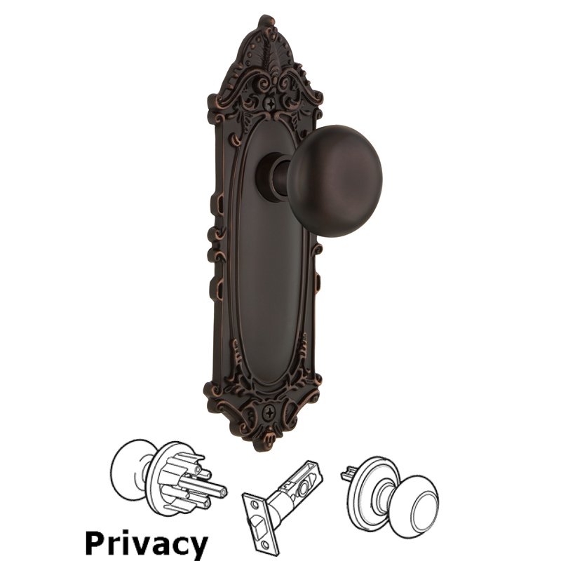 Complete Privacy Set - Victorian Plate with New York Door Knobs in Timeless Bronze