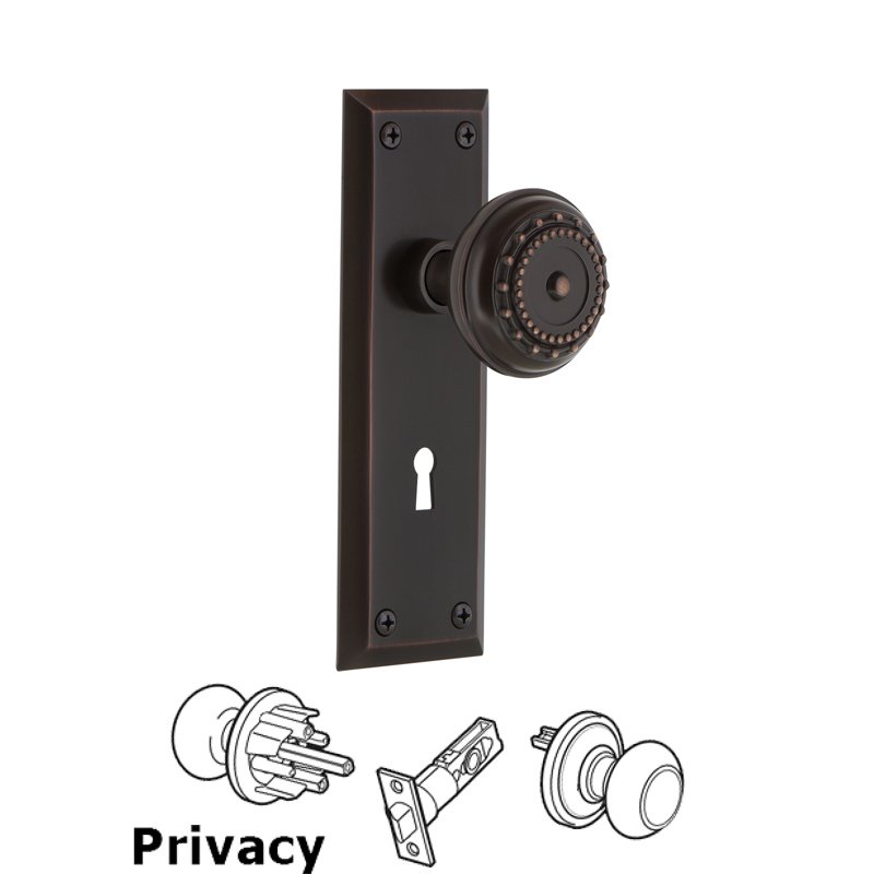 Complete Privacy Set with Keyhole - New York Plate with Meadows Door Knob in Timeless Bronze