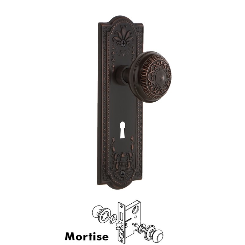 Complete Mortise Lockset with Keyhole - Meadows Plate with Egg & Dart Door Knob in Timeless Bronze