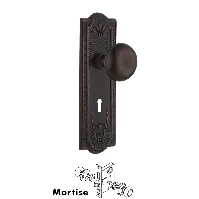 Complete Mortise Lockset with Keyhole - Meadows Plate with New York Door Knobs in Timeless Bronze