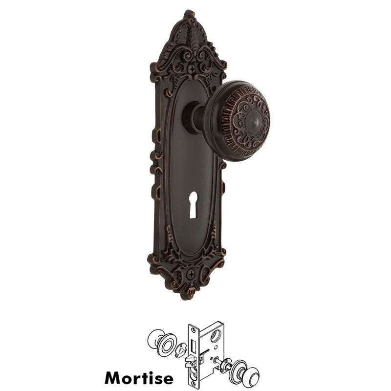 Complete Mortise Lockset with Keyhole - Victorian Plate with Egg & Dart Door Knob in Timeless Bronze