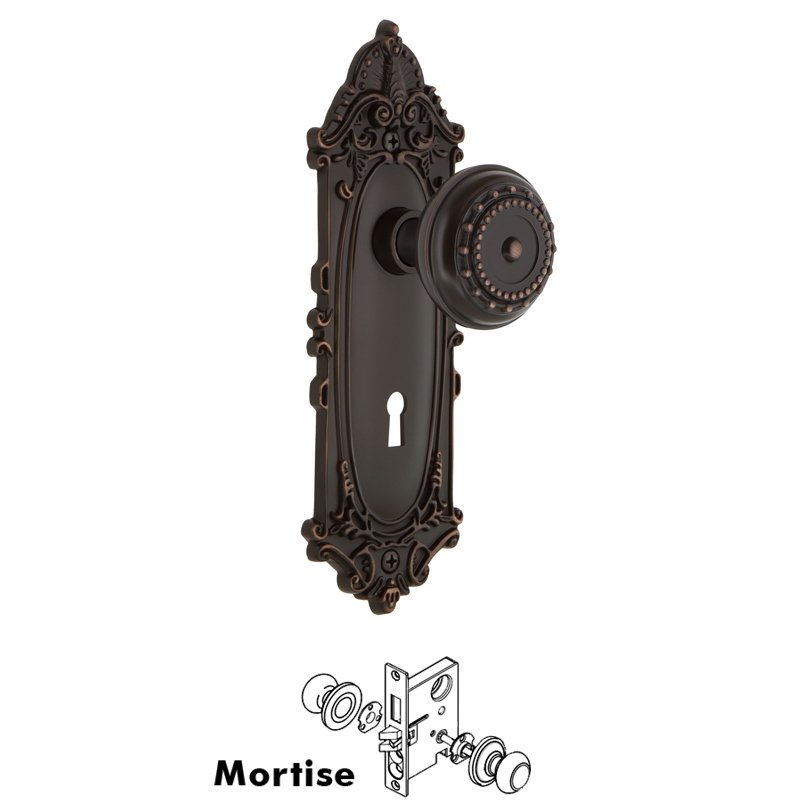 Complete Mortise Lockset with Keyhole - Victorian Plate with Meadows Door Knob in Timeless Bronze