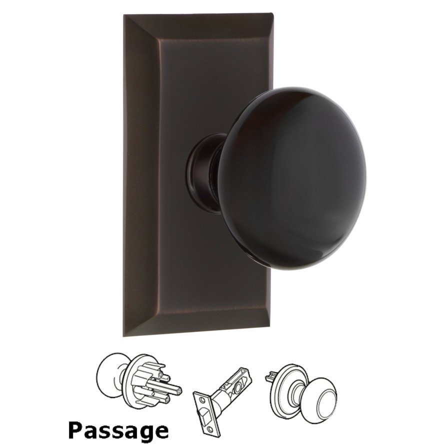 Complete Passage Set - Studio Plate with Black Porcelain Door Knob in Timeless Bronze