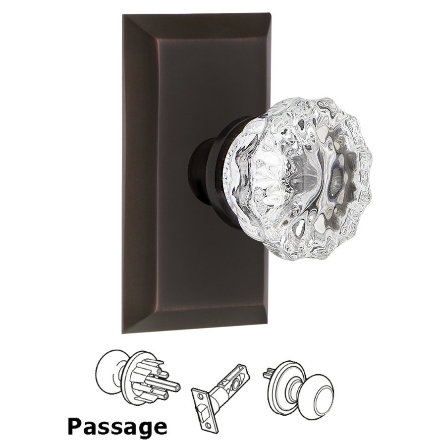 Complete Passage Set - Studio Plate with Crystal Glass Door Knob in Timeless Bronze