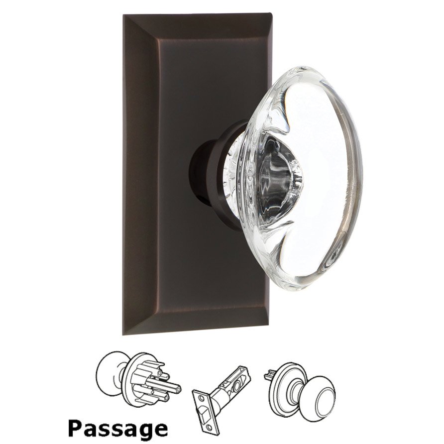 Complete Passage Set - Studio Plate with Oval Clear Crystal Glass Door Knob in Timeless Bronze