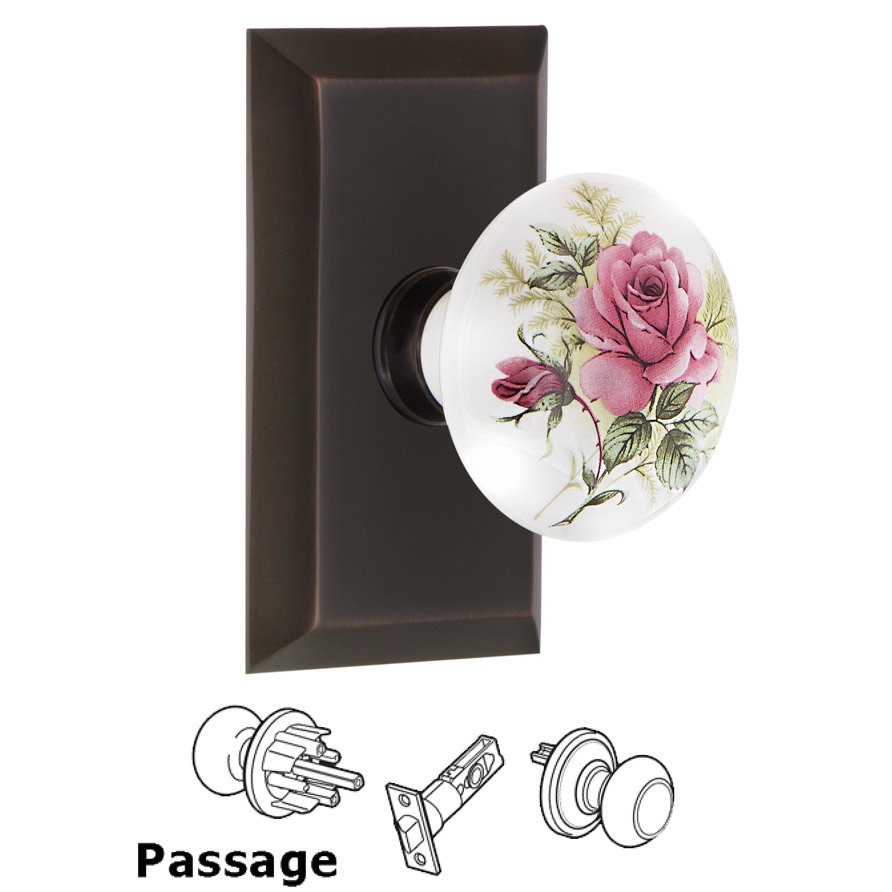 Complete Passage Set - Studio Plate with White Rose Porcelain Door Knob in Timeless Bronze