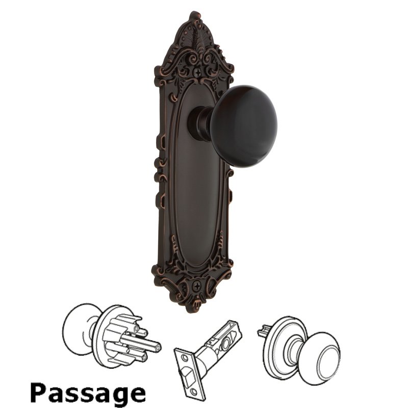 Passage Victorian Plate with Black Porcelain Door Knob in Timeless Bronze