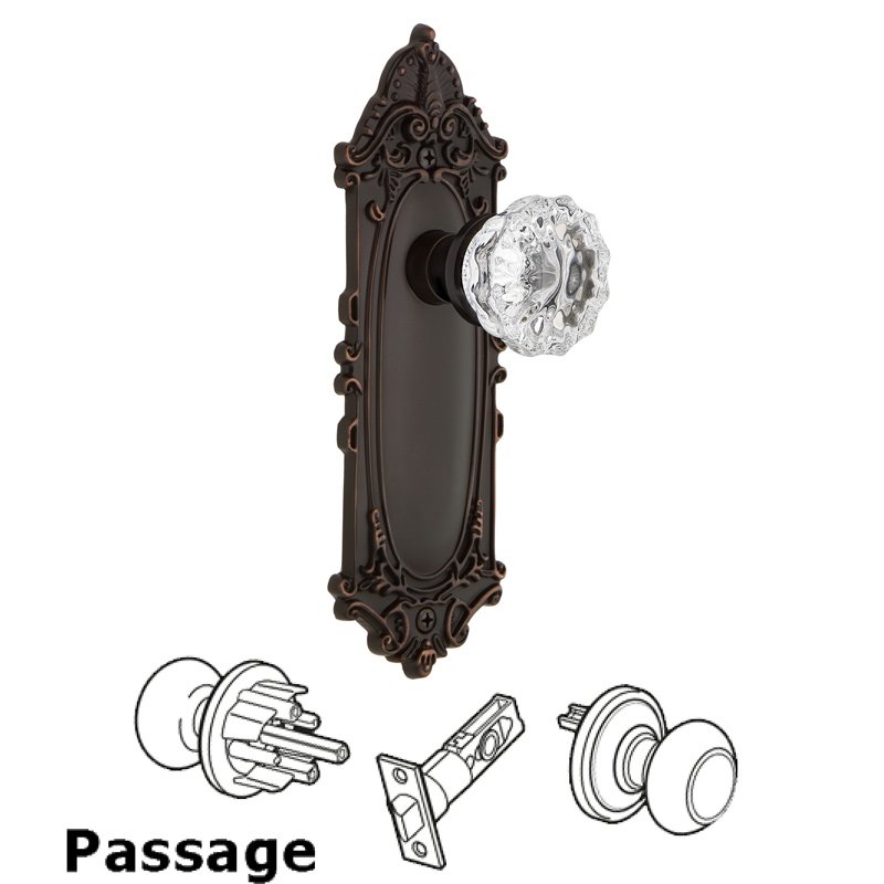 Complete Passage Set - Victorian Plate with Crystal Glass Door Knob in Timeless Bronze