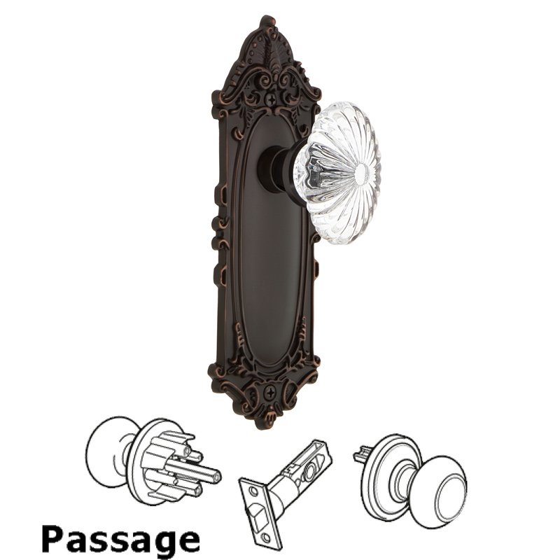 Complete Passage Set - Victorian Plate with Oval Fluted Crystal Glass Door Knob in Timeless Bronze