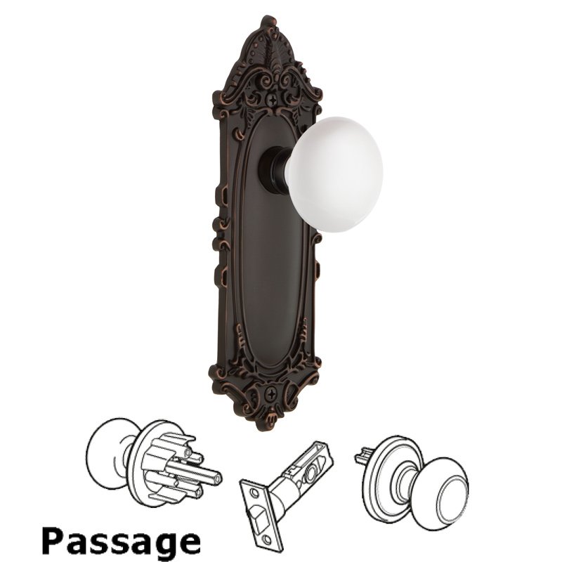 Passage Victorian Plate with White Porcelain Door Knob in Timeless Bronze