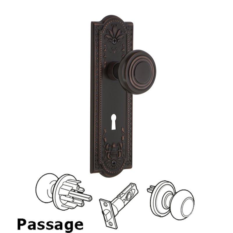 Complete Passage Set with Keyhole - Meadows Plate with Deco Door Knob in Timeless Bronze