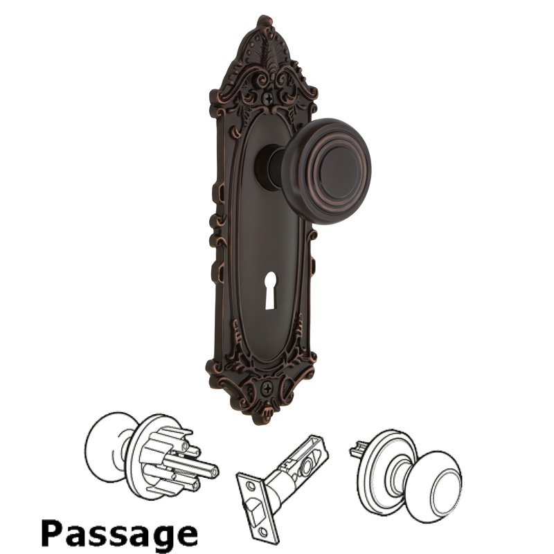 Complete Passage Set with Keyhole - Victorian Plate with Deco Door Knob in Timeless Bronze