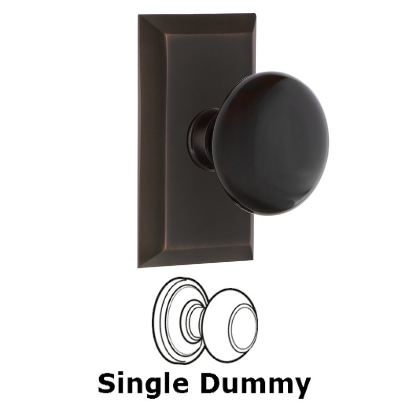 Single Dummy - Studio Plate with Black Porcelain Door Knob in Timeless Bronze