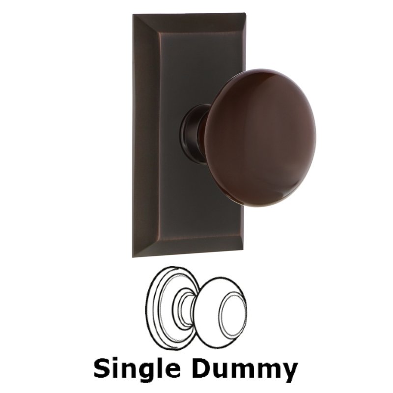 Single Dummy - Studio Plate with Brown Porcelain Door Knob in Timeless Bronze
