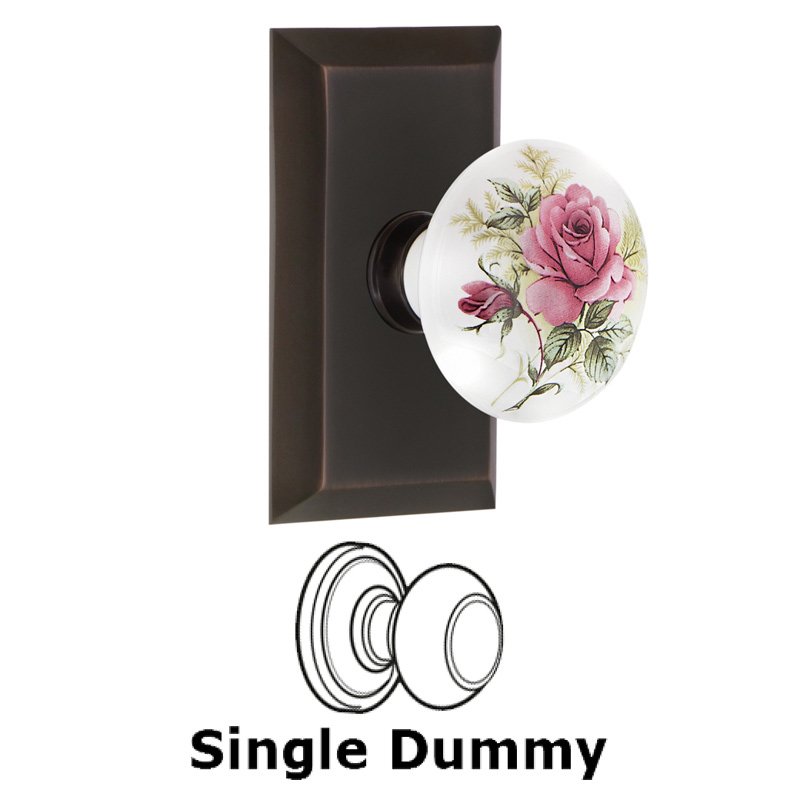 Single Dummy - Studio Plate with White Rose Porcelain Door Knob in Timeless Bronze