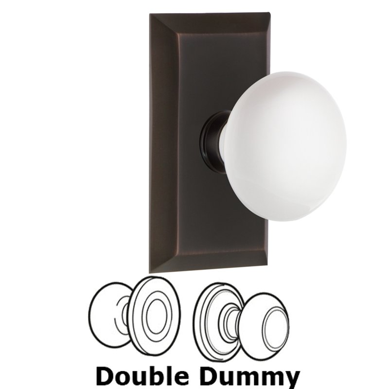 Double Dummy Set - Studio Plate with White Porcelain Door Knob in Timeless Bronze