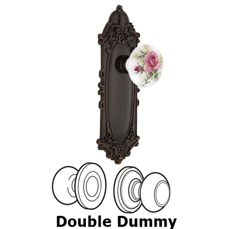 Double Dummy Set - Victorian Plate with White Rose Porcelain Door Knob in Timeless Bronze