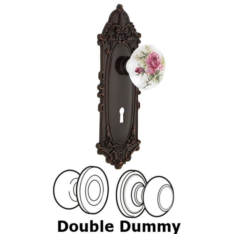 Double Dummy Set with Keyhole - Victorian Plate with White Rose Porcelain Door Knob in Timeless Bronze