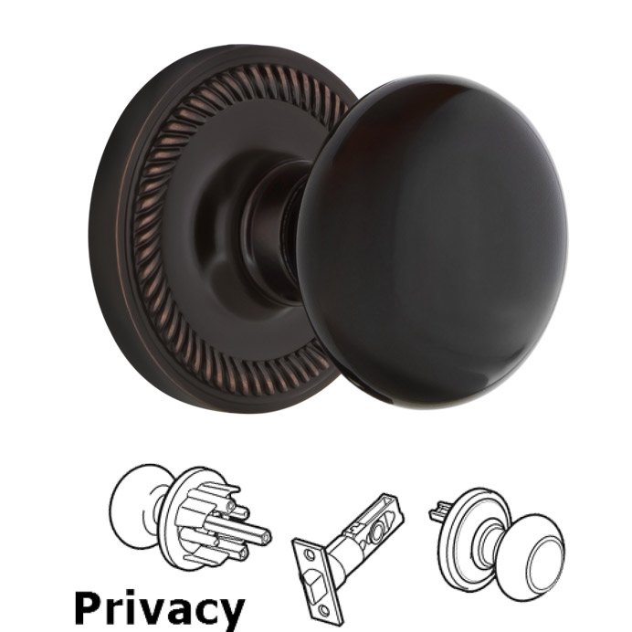 Privacy Knob - Rope Rose with Black Porcelain Knob in Antique Pewter