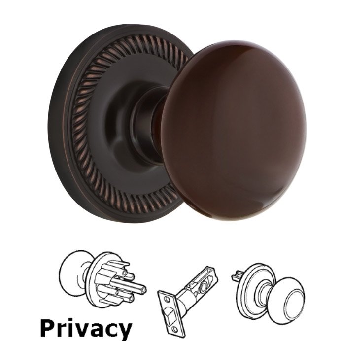 Privacy Knob - Rope Rose with Brown Porcelain Knob in Bright Chrome