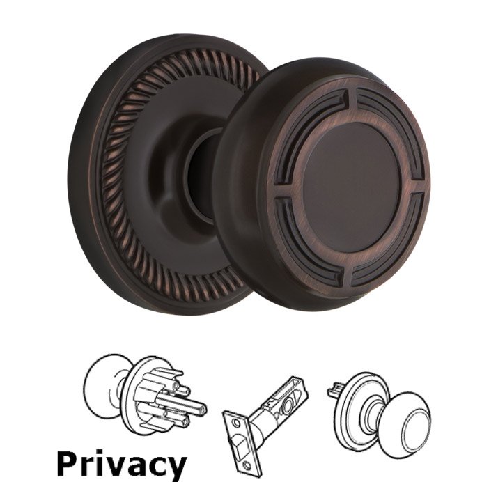 Complete Privacy Set - Rope Rosette with Mission Door Knob in Timeless Bronze