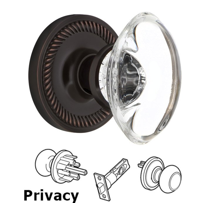 Complete Privacy Set - Rope Rosette with Oval Clear Crystal Glass Door Knob in Timeless Bronze