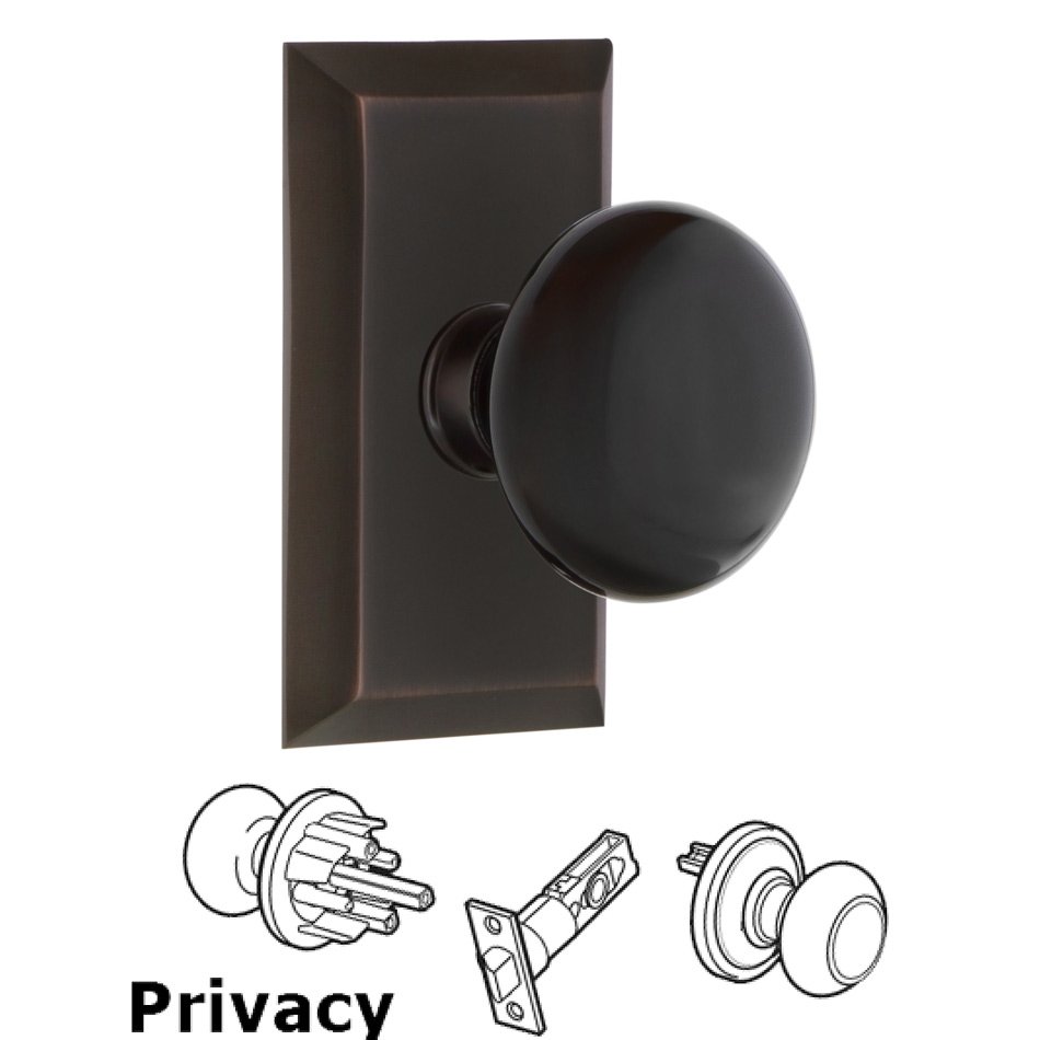Complete Privacy Set - Studio Plate with Black Porcelain Door Knob in Timeless Bronze