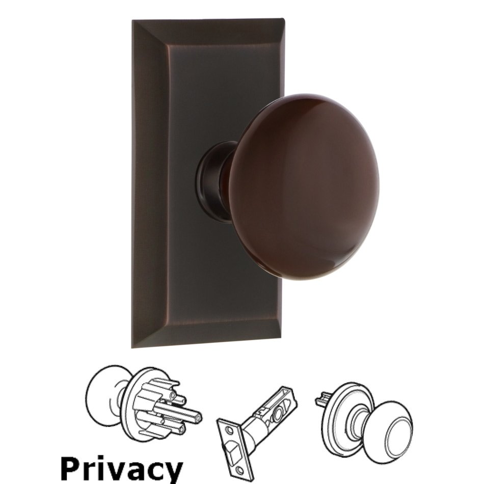 Complete Privacy Set - Studio Plate with Brown Porcelain Door Knob in Timeless Bronze