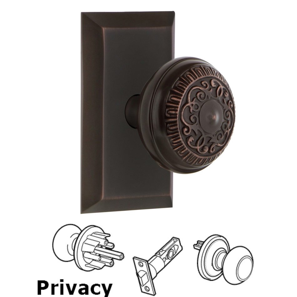 Complete Privacy Set - Studio Plate with Egg & Dart Door Knob in Timeless Bronze