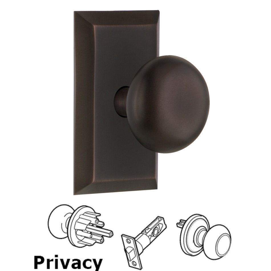 Complete Privacy Set - Studio Plate with New York Door Knobs in Timeless Bronze