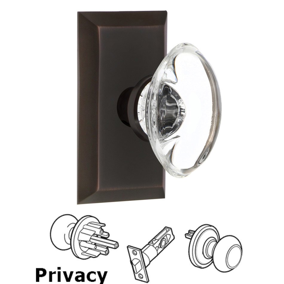 Complete Privacy Set - Studio Plate with Oval Clear Crystal Glass Door Knob in Timeless Bronze