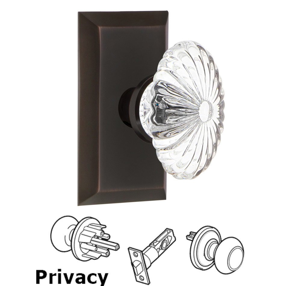 Complete Privacy Set - Studio Plate with Oval Fluted Crystal Glass Door Knob in Timeless Bronze