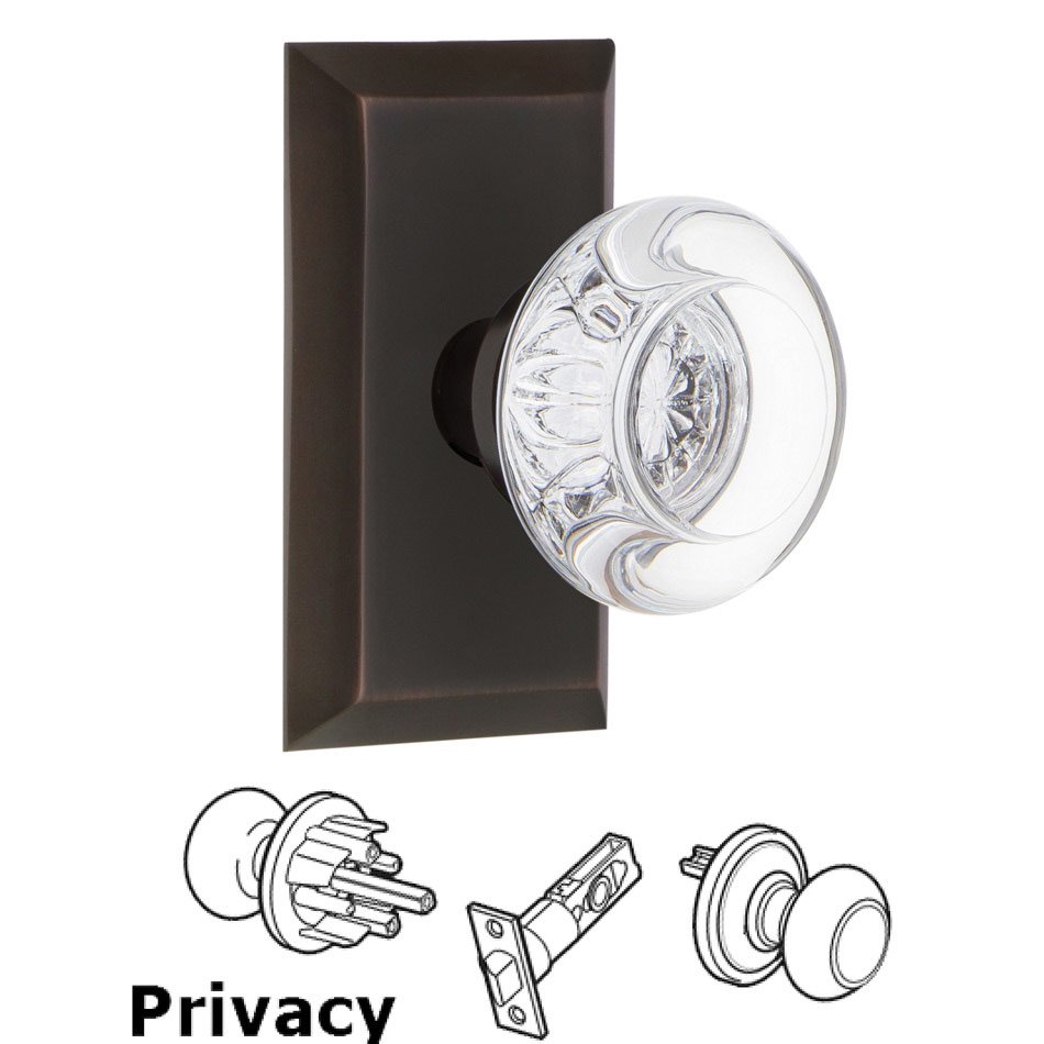 Complete Privacy Set - Studio Plate with Round Clear Crystal Glass Door Knob in Timeless Bronze