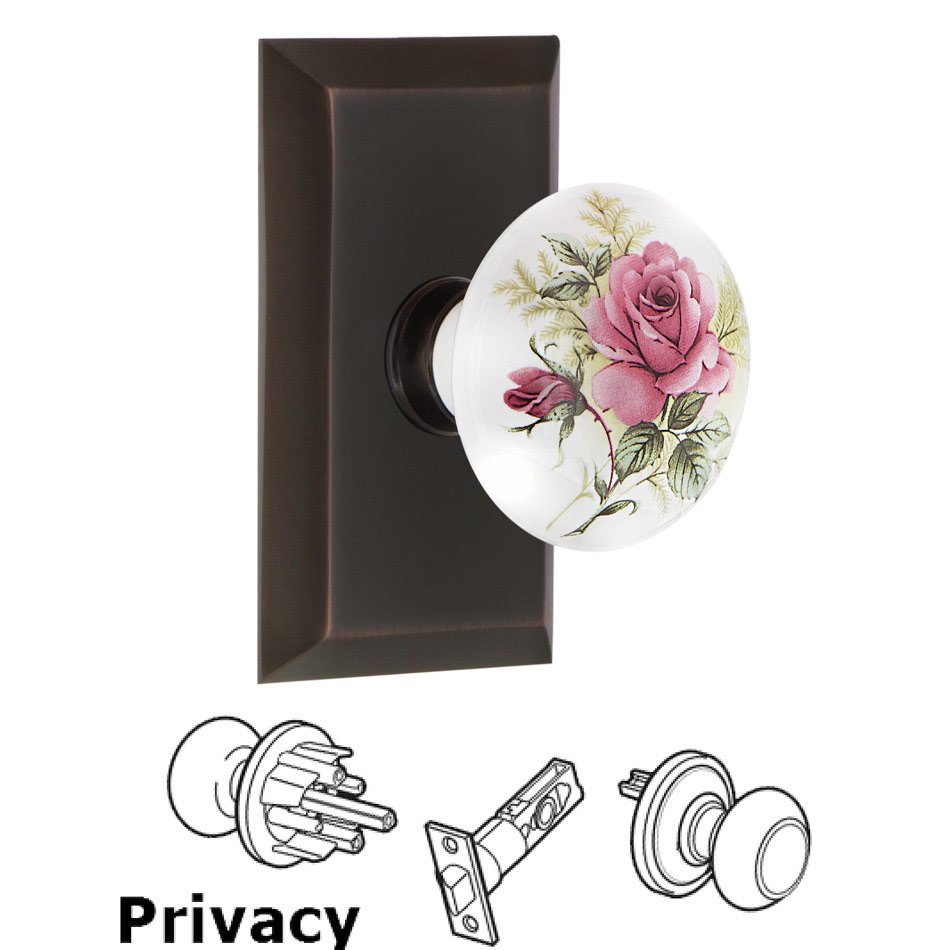 Complete Privacy Set - Studio Plate with White Rose Porcelain Door Knob in Timeless Bronze