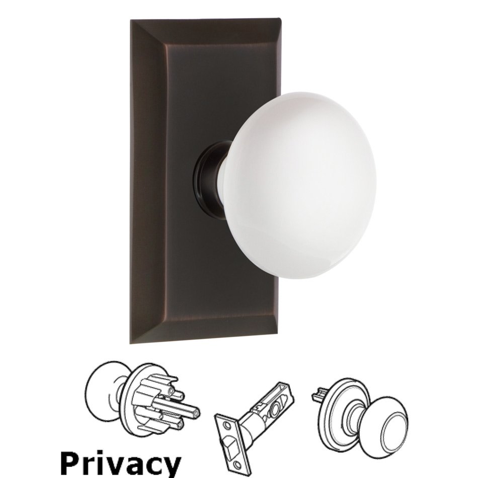 Complete Privacy Set - Studio Plate with White Porcelain Door Knob in Timeless Bronze