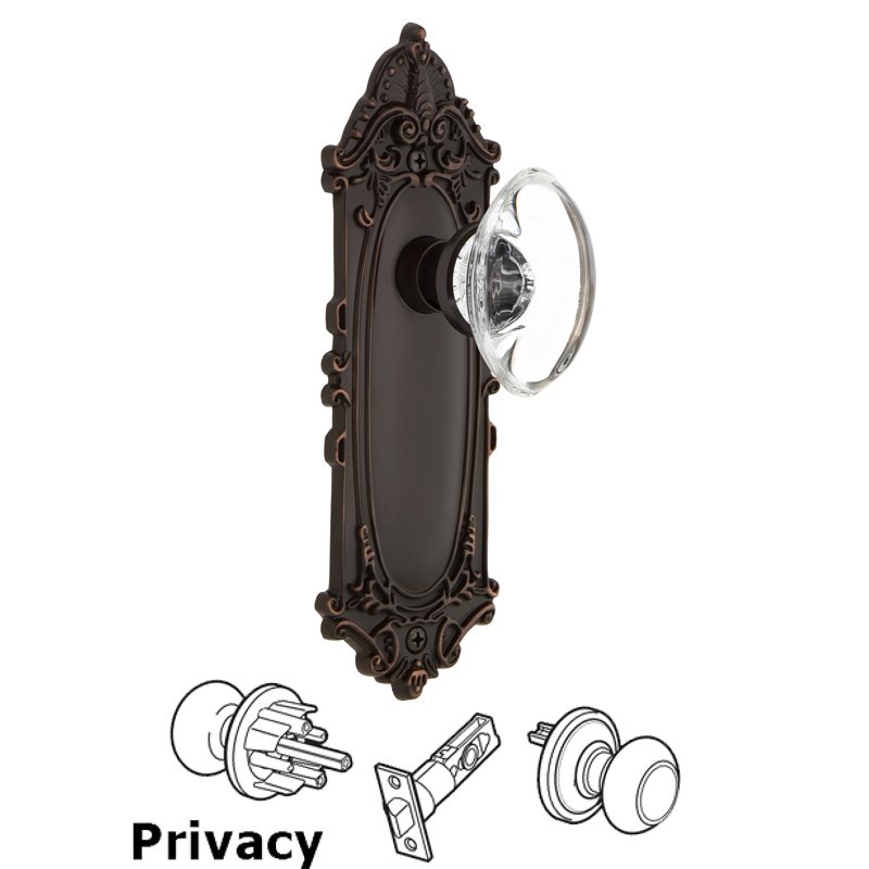 Complete Privacy Set - Victorian Plate with Oval Clear Crystal Glass Door Knob in Timeless Bronze