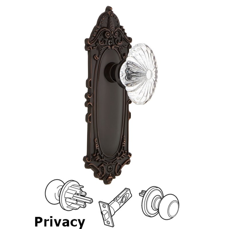 Complete Privacy Set - Victorian Plate with Oval Fluted Crystal Glass Door Knob in Timeless Bronze