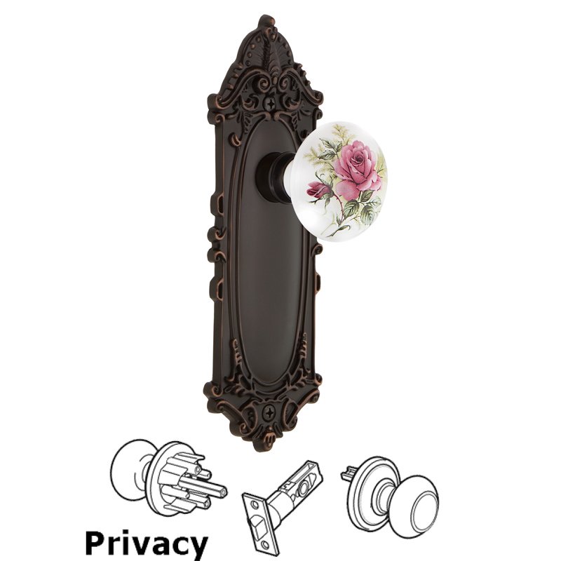 Complete Privacy Set - Victorian Plate with White Rose Porcelain Door Knob in Timeless Bronze