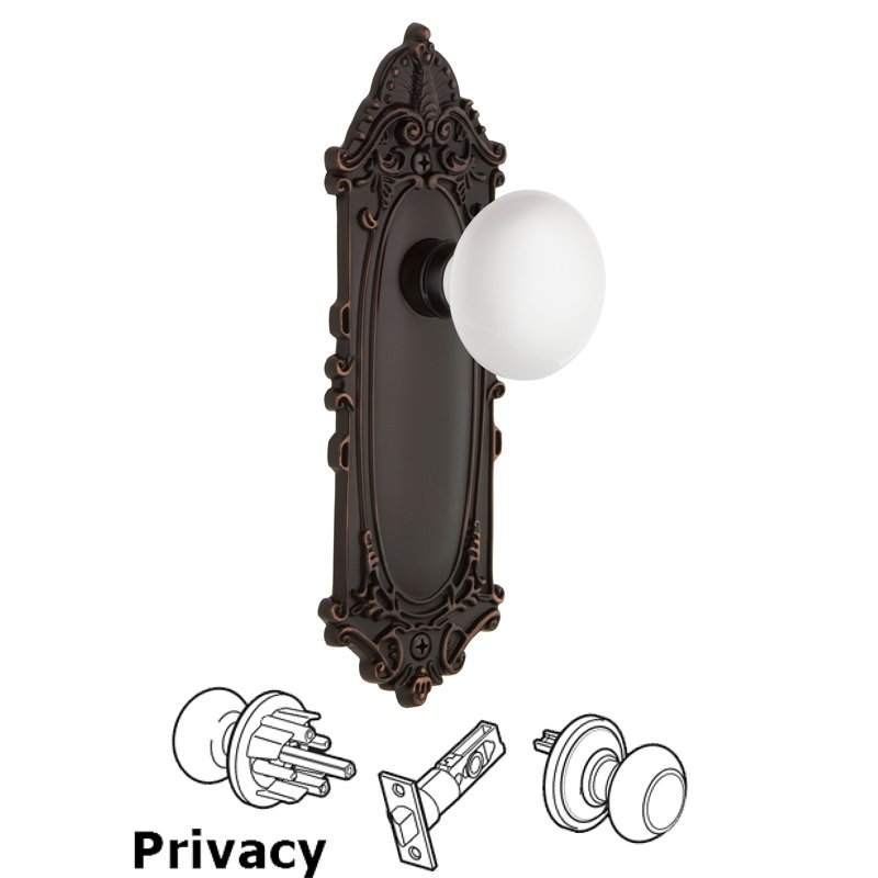 Privacy Victorian Plate with White Porcelain Door Knob in Timeless Bronze