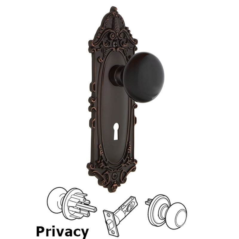 Privacy Victorian Plate with Keyhole and Black Porcelain Door Knob in Timeless Bronze