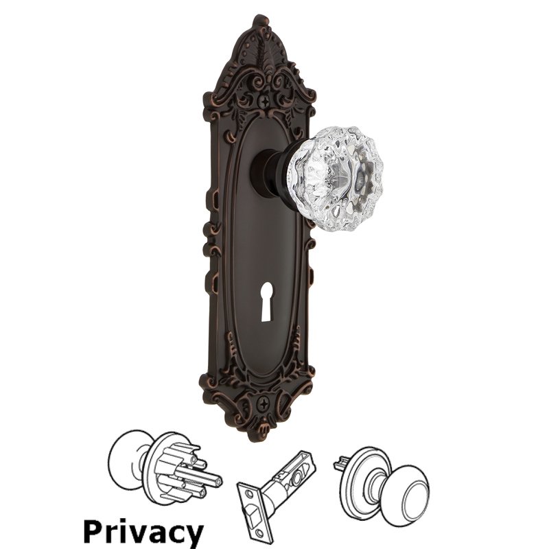 Complete Privacy Set with Keyhole - Victorian Plate with Crystal Glass Door Knob in Timeless Bronze