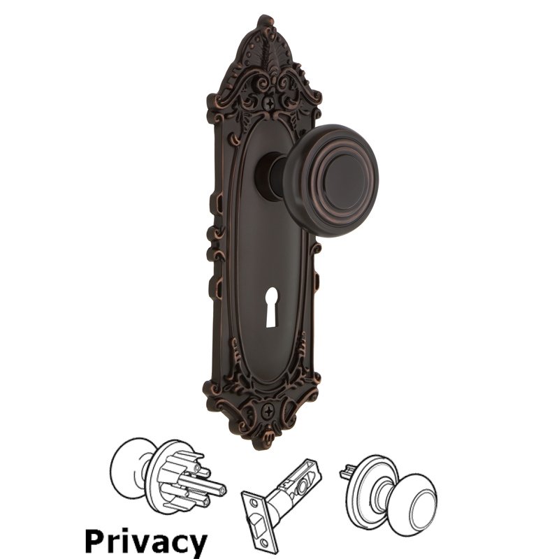 Complete Privacy Set with Keyhole - Victorian Plate with Deco Door Knob in Timeless Bronze