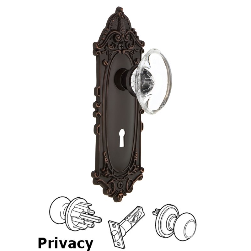 Privacy Victorian Plate with Keyhole and Oval Clear Crystal Glass Door Knob in Timeless Bronze